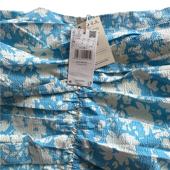 NWT Mango Ruched Floral Midi Skirt Blue White Summer Cottagecore Size M - Picture 2 of 5